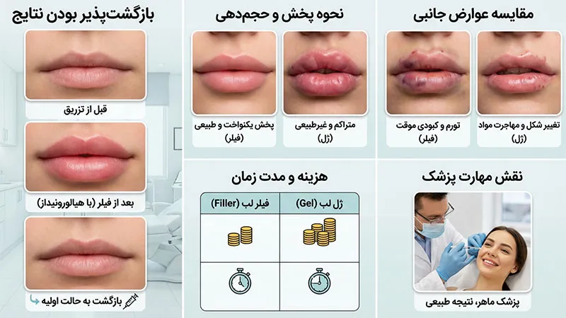 تفاوت هزینه، مدت زمان انجام، عوارض جانبی و.. در فیلر و ژل لب