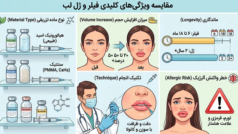 تفاوت ماده تزریقی، میزان افزایش حجم، تکنیک انجام، ماندگاری و... در فیلر و ژل لب